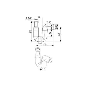 Blucher® PTC-2x1-1/2-316 P-Trap, 1-1/2 in Inlet x 50 mm Outlet, Stainless Steel