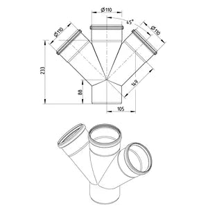 Blucher® DW4x4-45-316 Double Pipe Branch, Fitting/Connector: Wye, 110 in Nominal, Stainless Steel