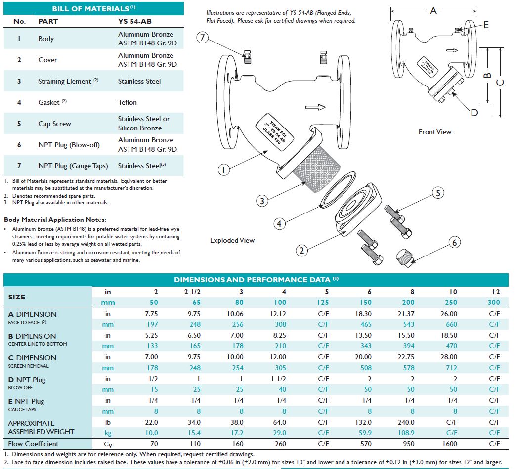 2" YStrainer 150 Flanged Aluminum Bronze Titan YS54AB0200